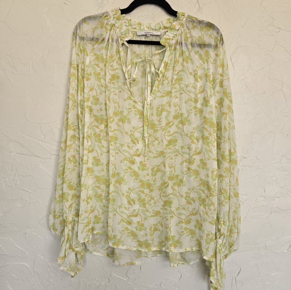 Anthro Aureta Floral Green Yellow White Flowy Top, L - Picture 2 of 12